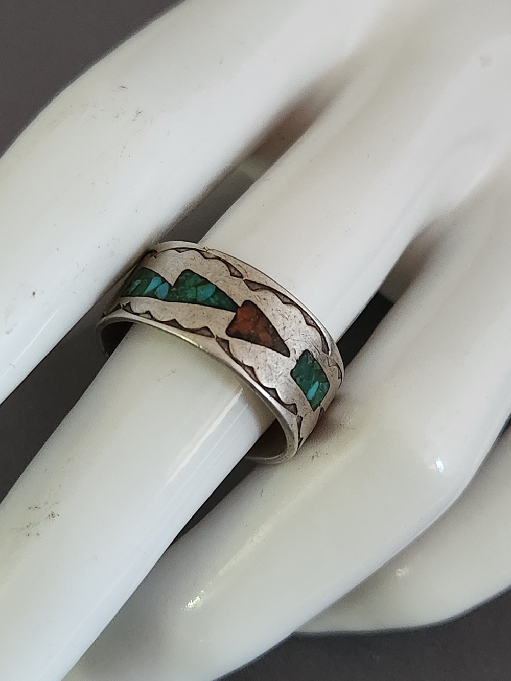 Sterling Silver Inlay Turquoise & Coral Arrow Band Ring